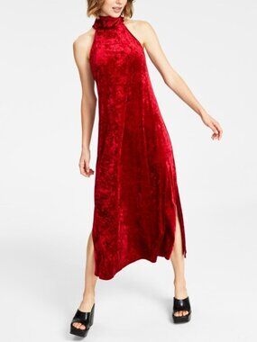 Bar III Women's Halter-Neck Side-Slit Maxi Dress Red XL